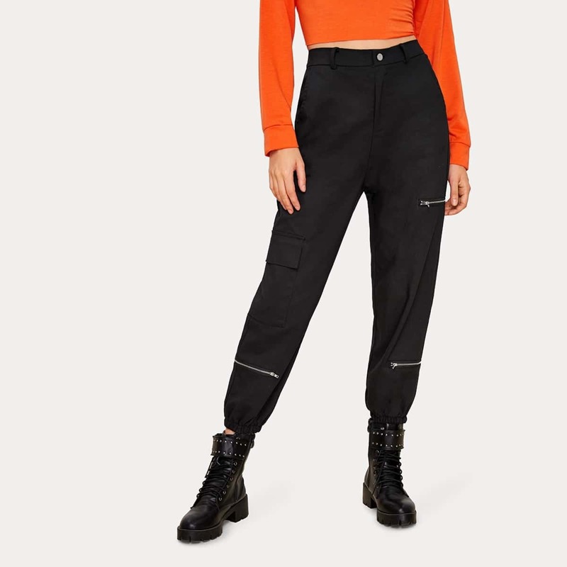

Zipper Decoration Flap Pockets Cargo Pants, Black