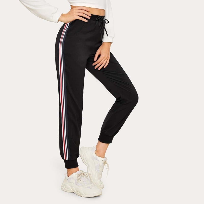 

Striped Side Drawstring Waist Sweatpants, Black