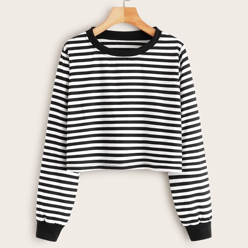

Striped Round Neck Crop Sweatshirt, Black and white