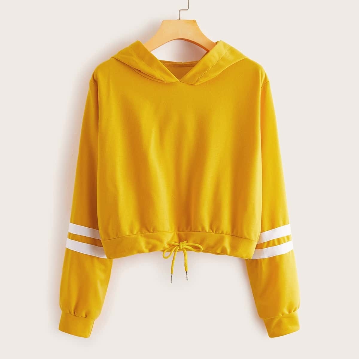 

Striped Tape Drawstring Hem Crop Hoodie, Yellow bright