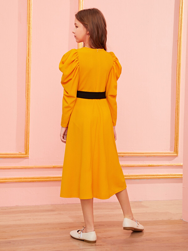 SHEIN Girls Buttoned Front Puff Sleeve Dress With Belt SHEIN USA