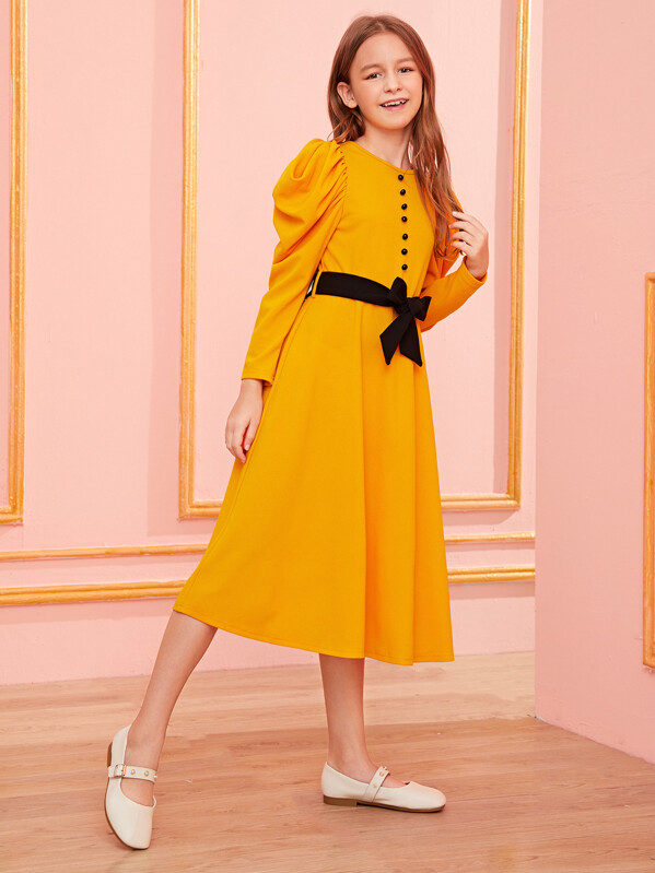 SHEIN Girls Buttoned Front Puff Sleeve Dress With Belt SHEIN USA