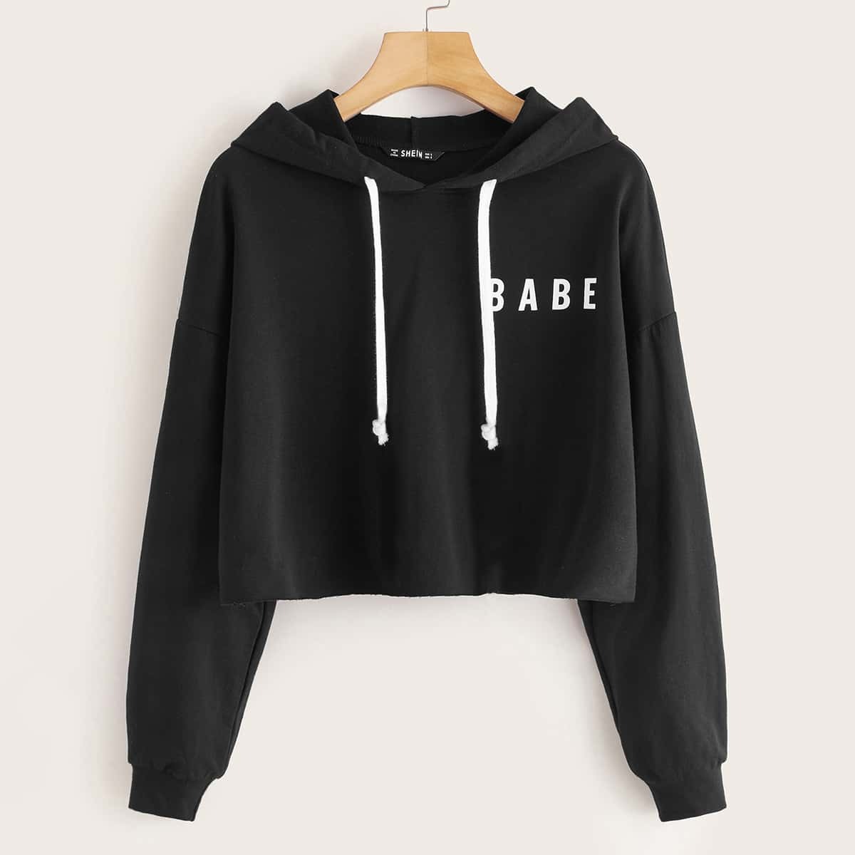 

Letter Graphic Contrast Drawstring Hoodie, Black