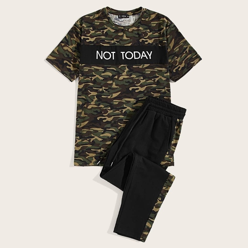 

Guys Camo & Slogan Tee & Drawstring Sweatpants Set, Multicolor