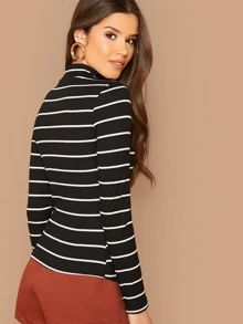 SHEIN Essnce Rib-knit Striped Fitted Tee - Black - View 2
