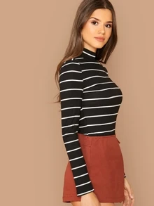 SHEIN Essnce Rib-knit Striped Fitted Tee - Black - View 3