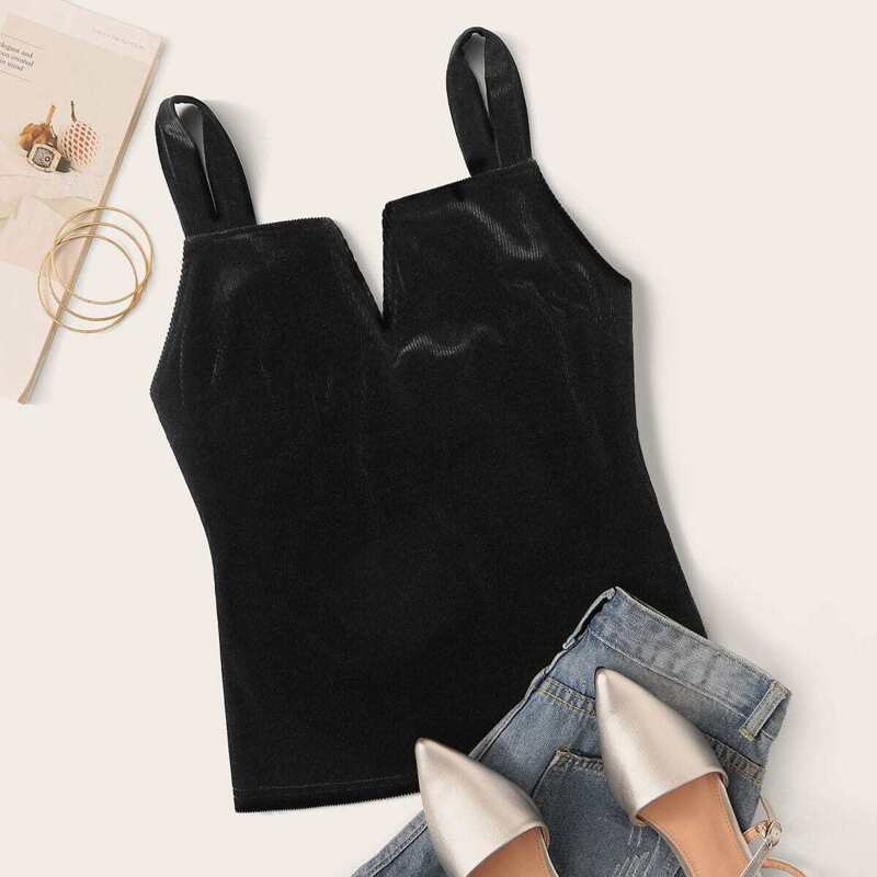 

Rib-knit Velvet Cami Top, Black