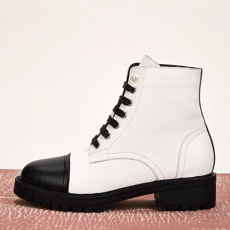 

Two Tone Lace-up Front Combat Boots, Black and white