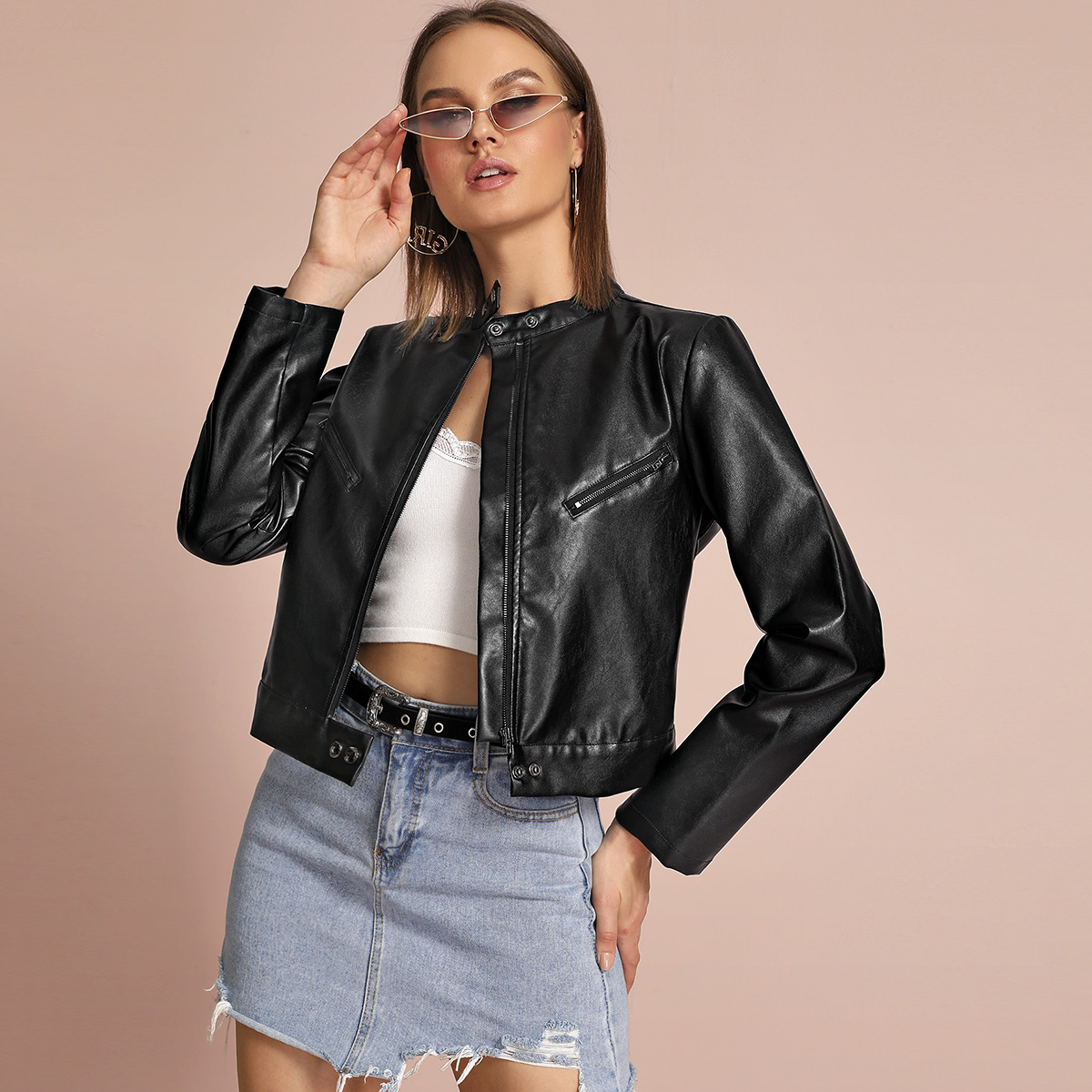 Image of Buttoned Stand Collar Zip Up Biker Jacket