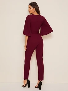SHEIN 開衩袖腰帶素色連身長褲 - 酒紅色 - 查看 2