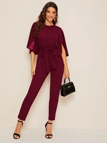 SHEIN 開衩袖腰帶素色連身長褲 - 酒紅色 - 查看 3