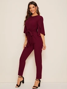 SHEIN 開衩袖腰帶素色連身長褲 - 酒紅色 - 查看 4