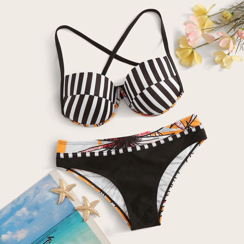 

Striped Lace Up Back Bikini Set, Multicolor