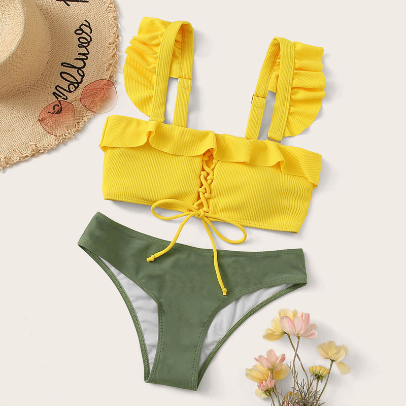 

Textured Ruffle Trim Lace-up Front Bikini Set, Multicolor