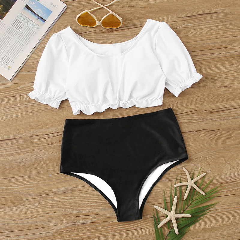 

2piece Two Tone Short Sleeve Swim, Black and white