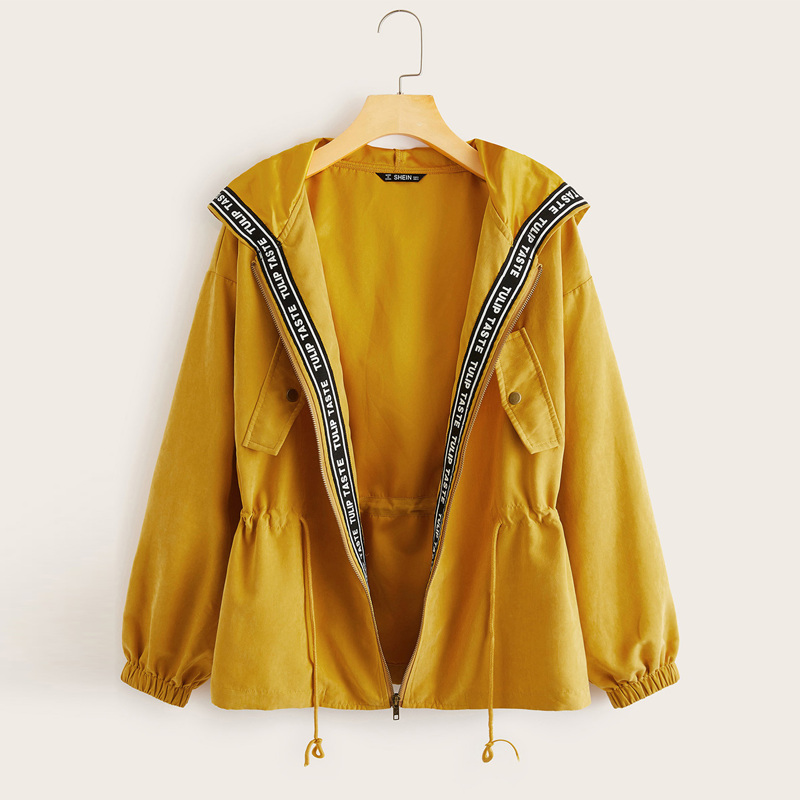 

Zip Up Letter Tape Trim Drawstring Waist Hooded Coat, Mustard yellow