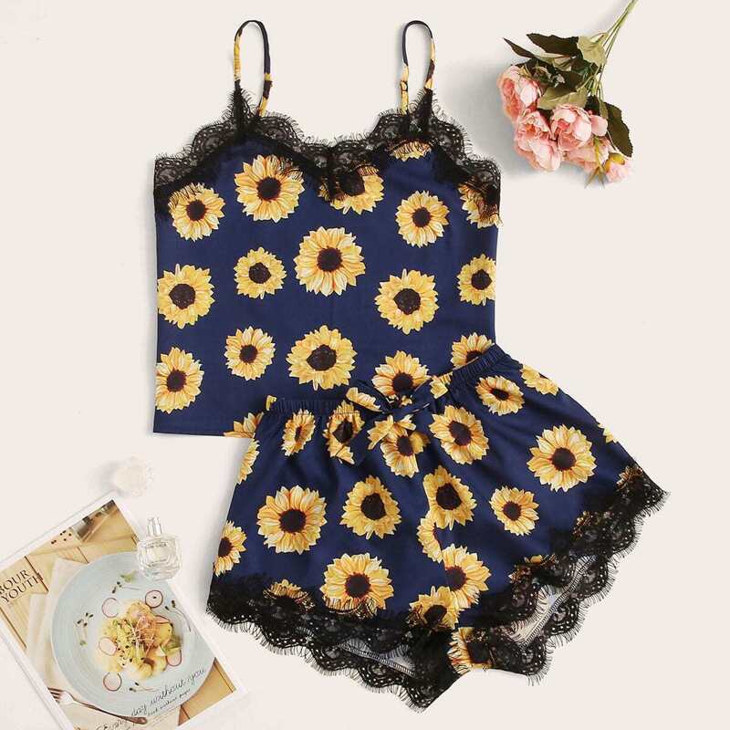 

Sunflower Print Lace Trim Cami Pajama Set, Multicolor