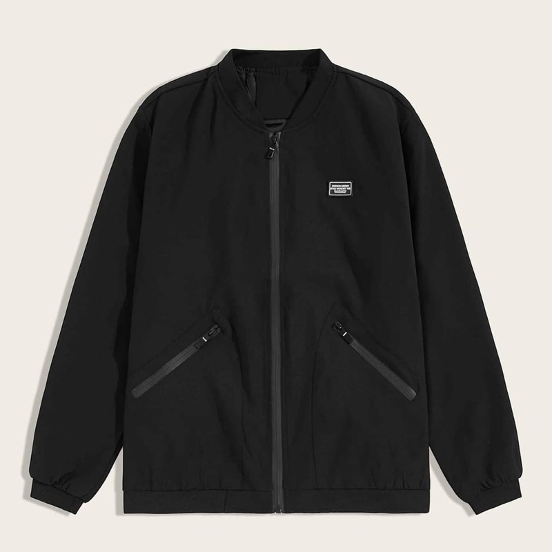 

Guys Zipper Pocket Patched Baseball Jacket, Black