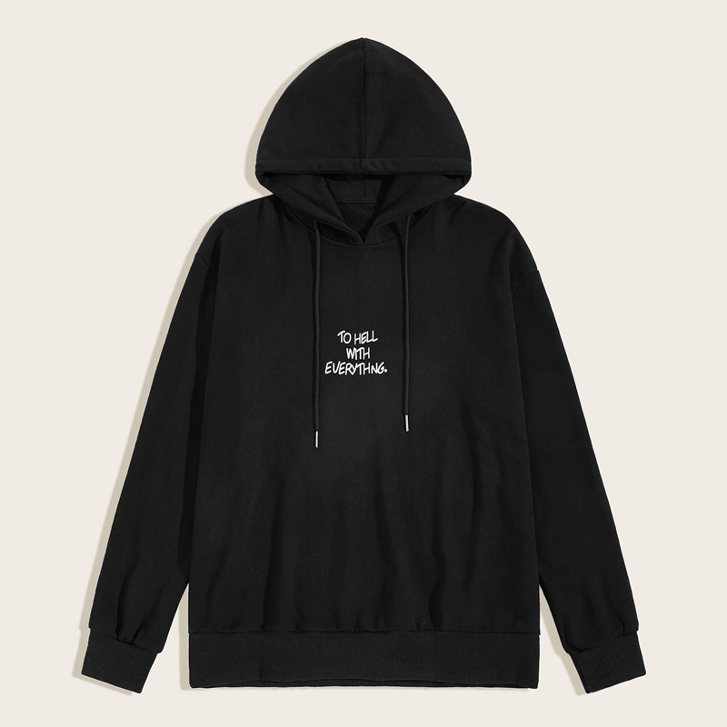 

Guys Slogan Print Drop Shoulder Hooded Sweatshirt, Black
