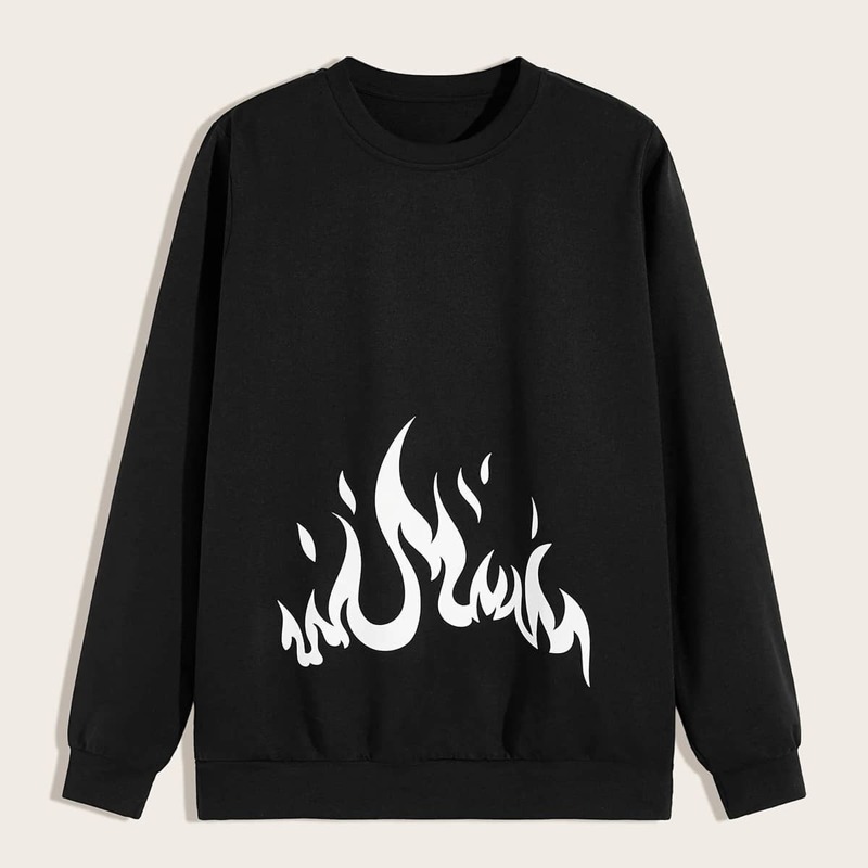 

Guys Fire Print Round Neck Sweatshirt, Black