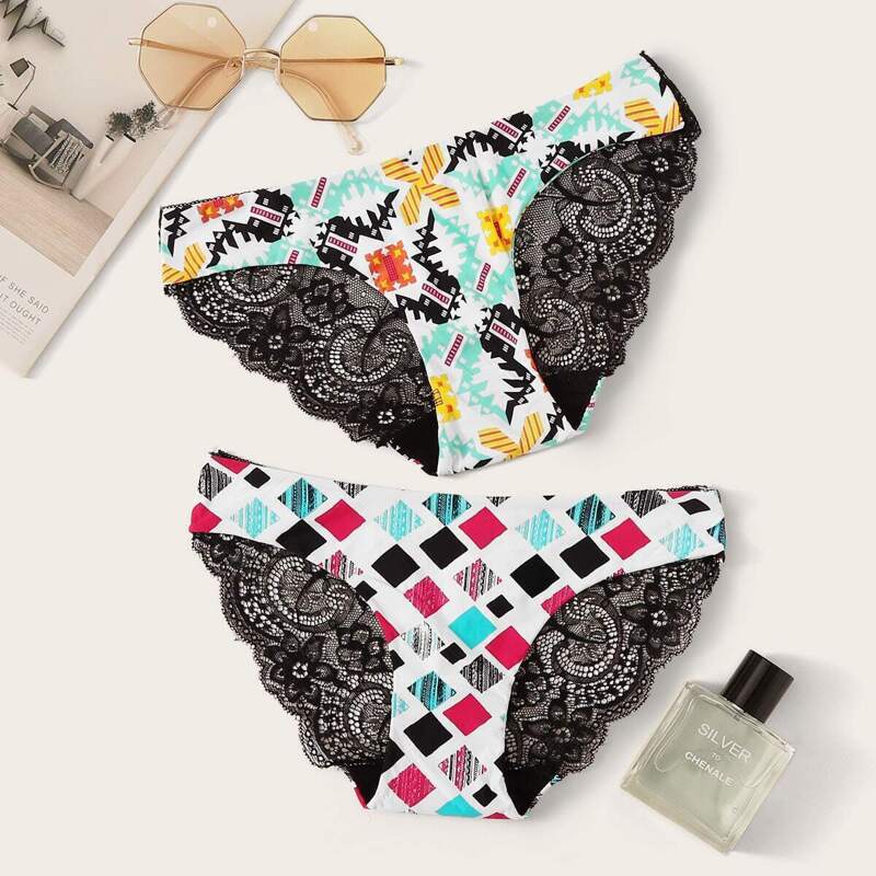 

2pack Geometric Contrast Lace Panty Set, Multicolor