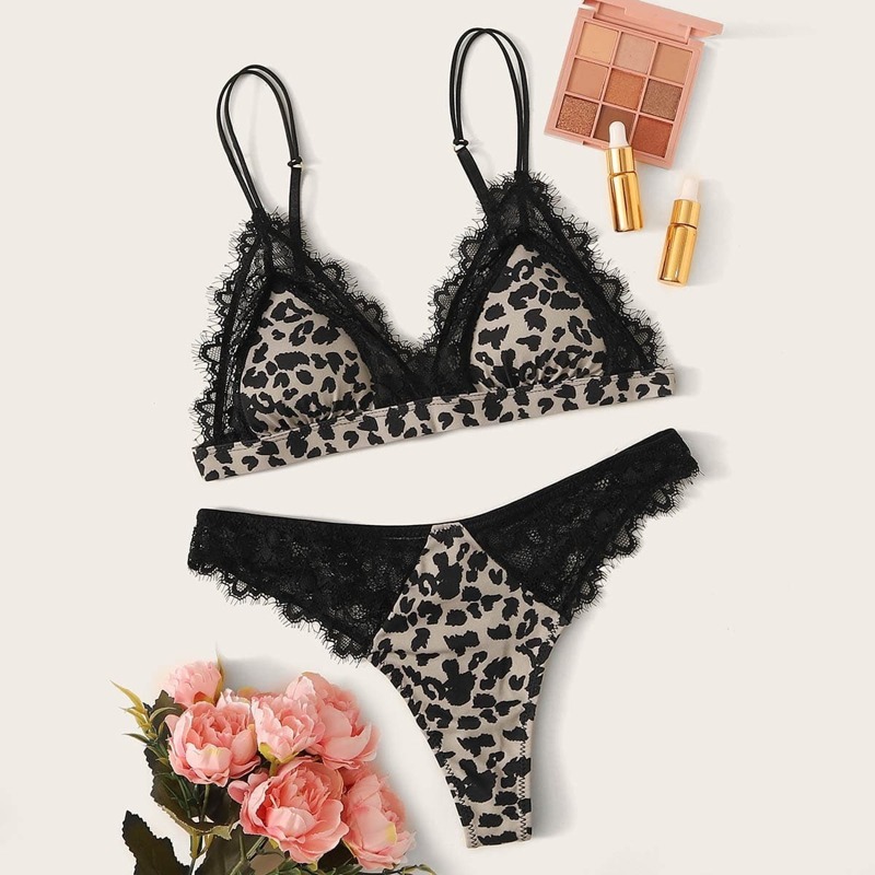 

Leopard Contrast Lace Lingerie Set, Multicolor