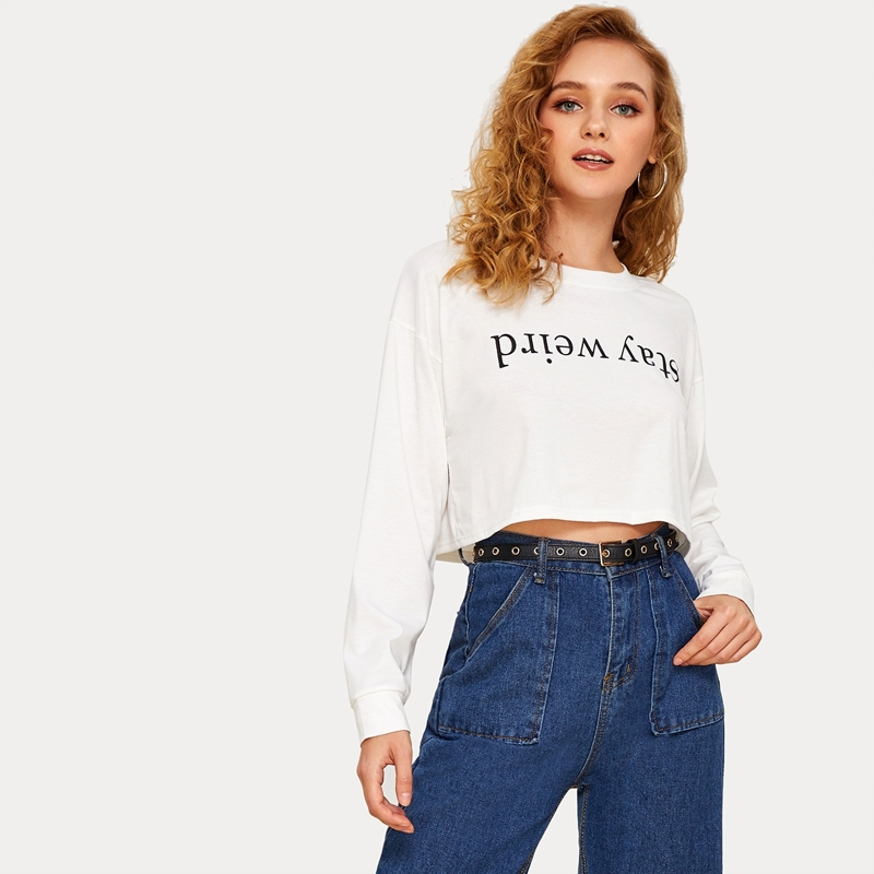 

Letter Print Drop Shoulder Crop Tee, White