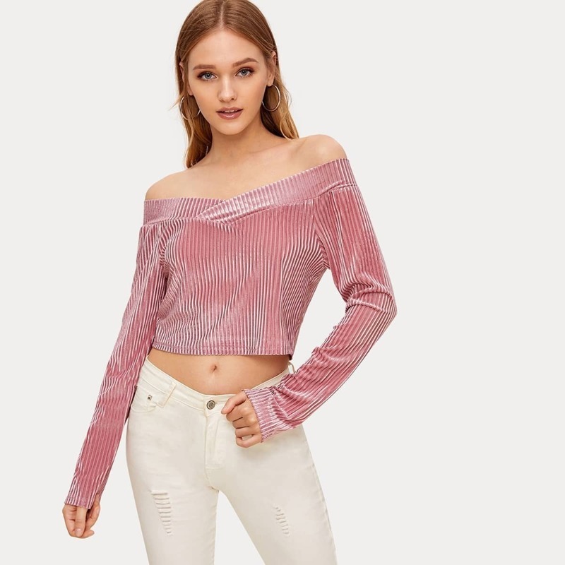 

Off-shoulder Velvet Crop Tee, Pink