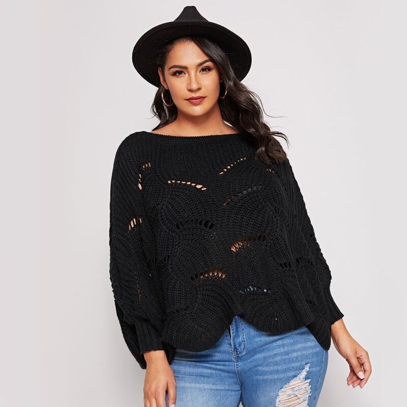 

Plus Batwing Sleeve Open Knit Sweater, Black