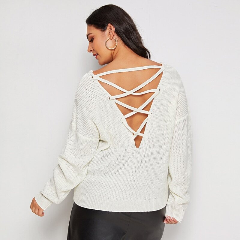 

Plus Lace Up Back Drop Shoulder Sweater, White