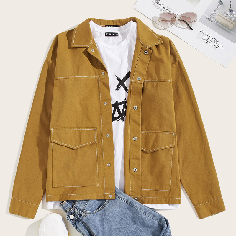 

Guys Contrast Stitch Pocket Front Button Up Overshirt, Yellow