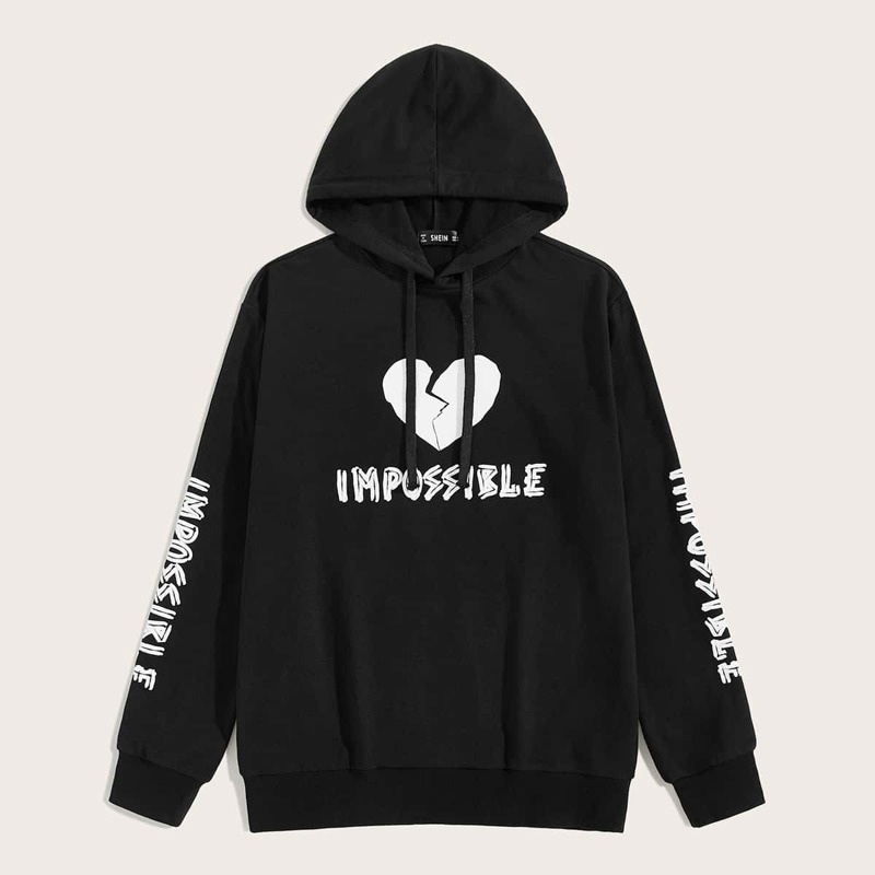 

Guys Heart and Slogan Print Hoodie, Black