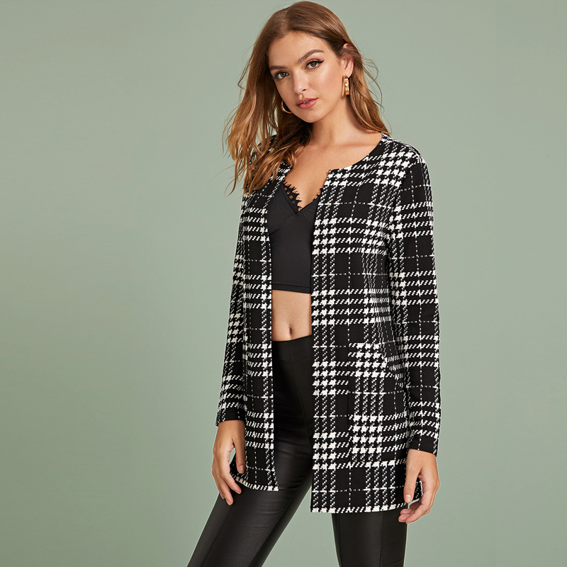 

Open Front Plaid Coat, Black and white