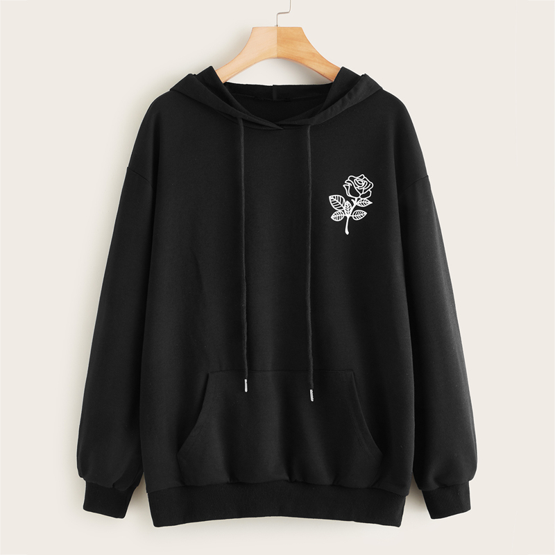 

Rose Print Drawstring Hoodie, Black