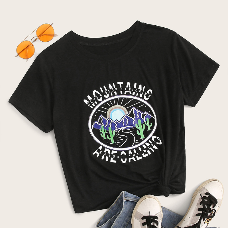 

Letter And Mountain Print Tee, Black