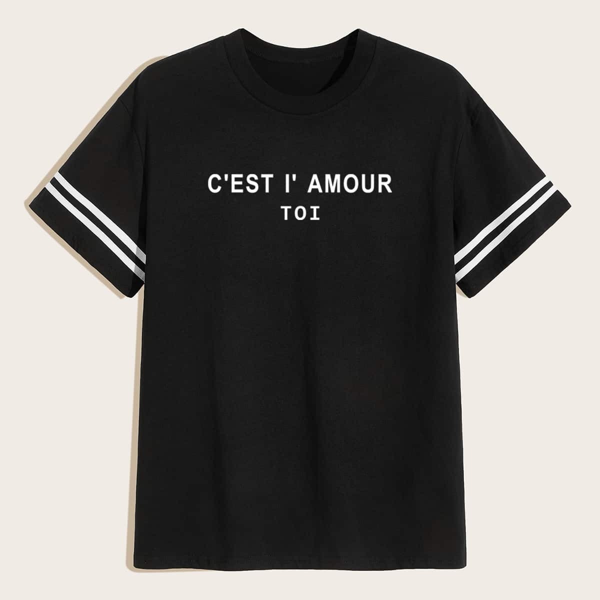 

Guys Letter Print Varsity Striped Tee, Black