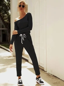 Asymmetrical Neck Drawstring Waist Jumpsuit - Black - View 3