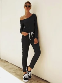 Asymmetrical Neck Drawstring Waist Jumpsuit - Black - View 5