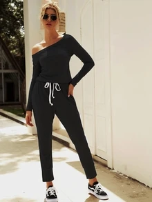 Asymmetrical Neck Drawstring Waist Jumpsuit - Black - View 4