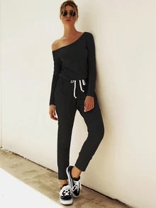 Asymmetrical Neck Drawstring Waist Jumpsuit - Black - View 6