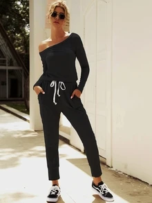 Asymmetrical Neck Drawstring Waist Jumpsuit - Black - View 1