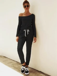 Asymmetrical Neck Drawstring Waist Jumpsuit - Black - View 7