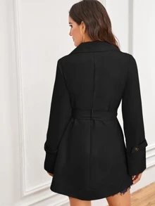 Notch Collar Double Breasted D-ring Belted Trench Coat - Black - View 2