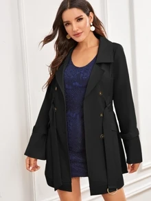 Notch Collar Double Breasted D-ring Belted Trench Coat - Black - View 4