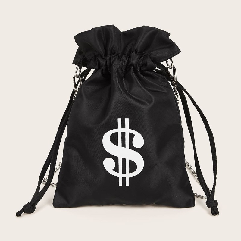 

Dollar Sign Print Drawstring Design Crossbody Bag, Black