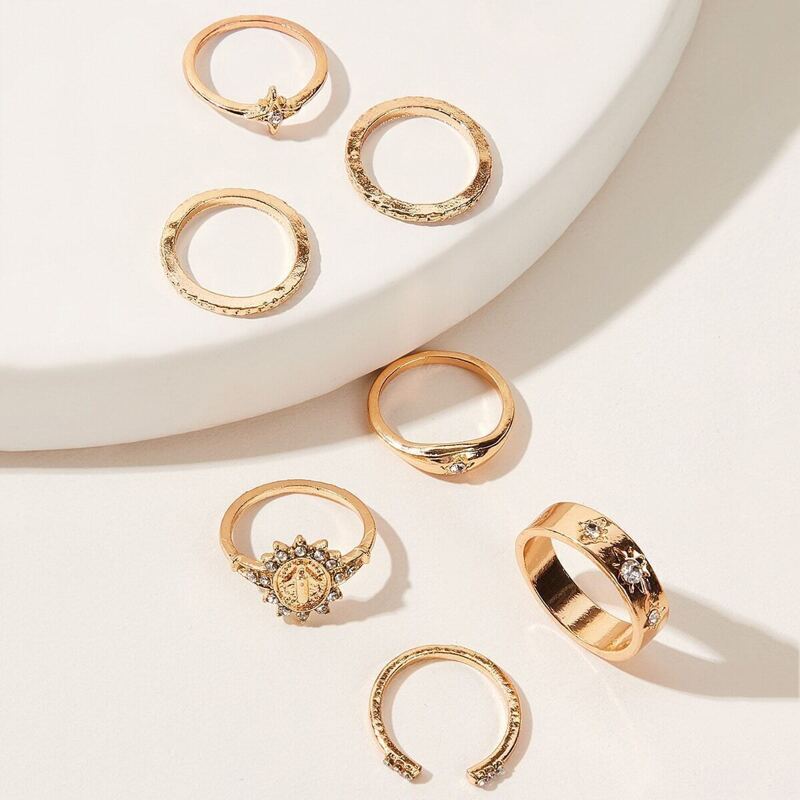 

7pcs Rhinestone Detail Ring Set, Gold