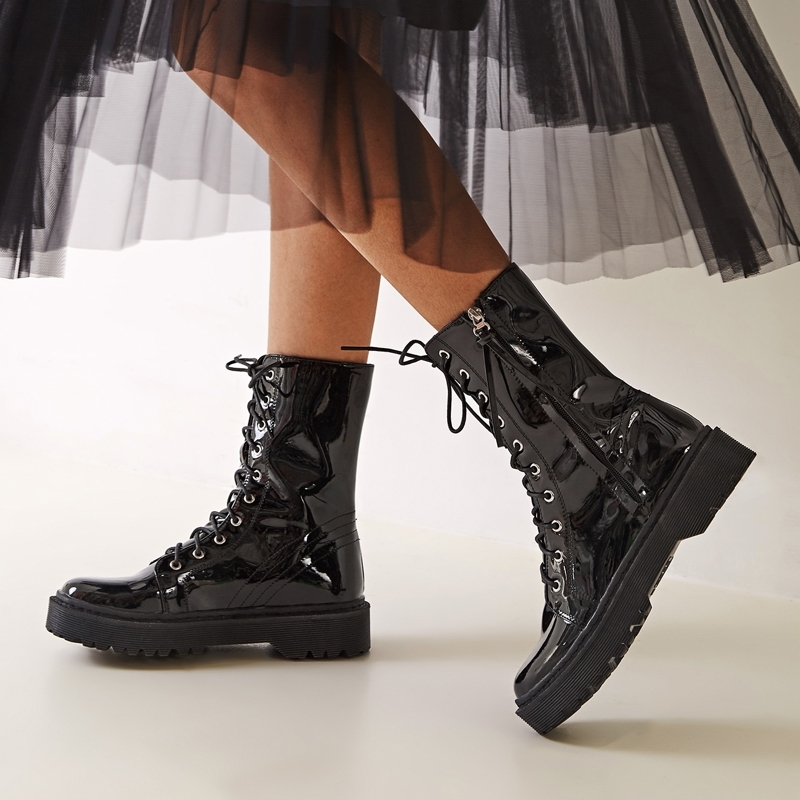 

Lace-up Front Side Zip Combat Boots, Black