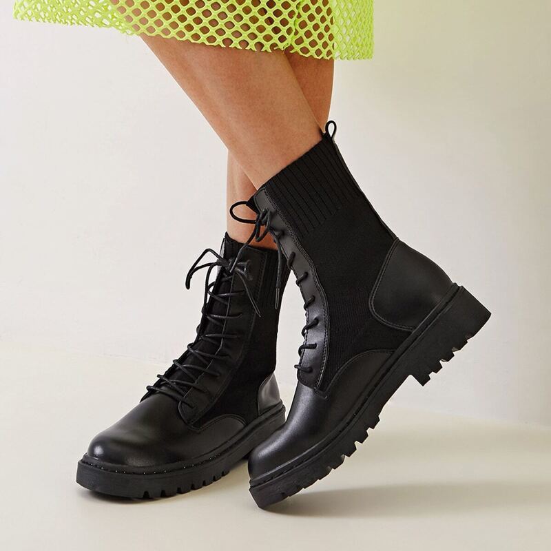 

Lace-up Front Lug Sole Combat Boots, Black