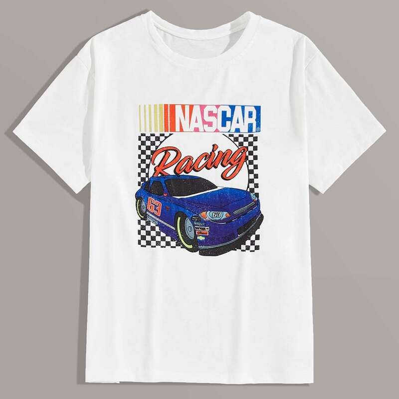 

Guys Car & Letter Print Round Neck Tee, White