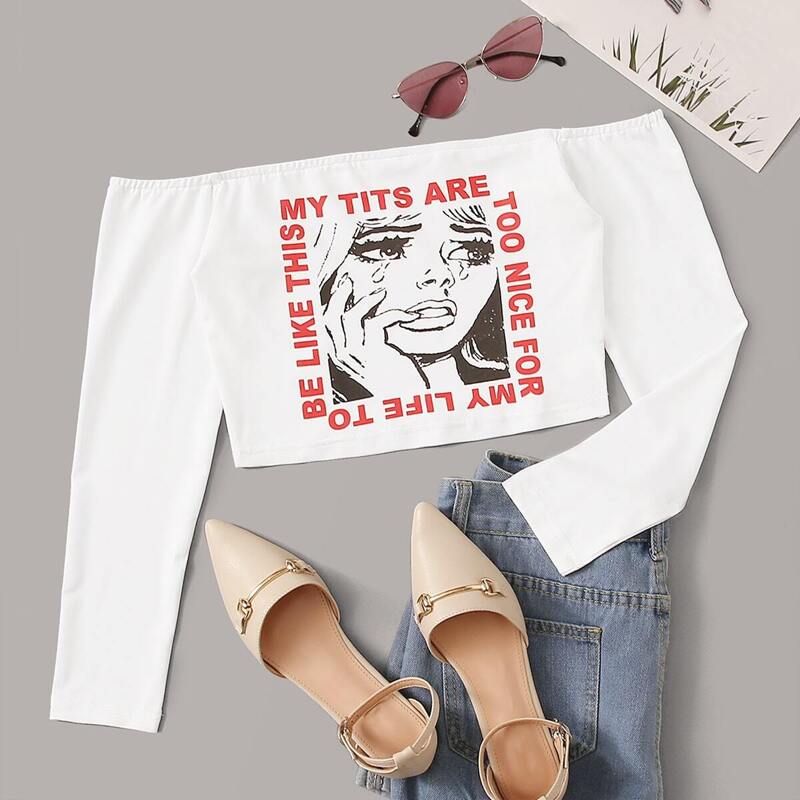 

Figure And Letter Print Off-Shoulder Tee, White